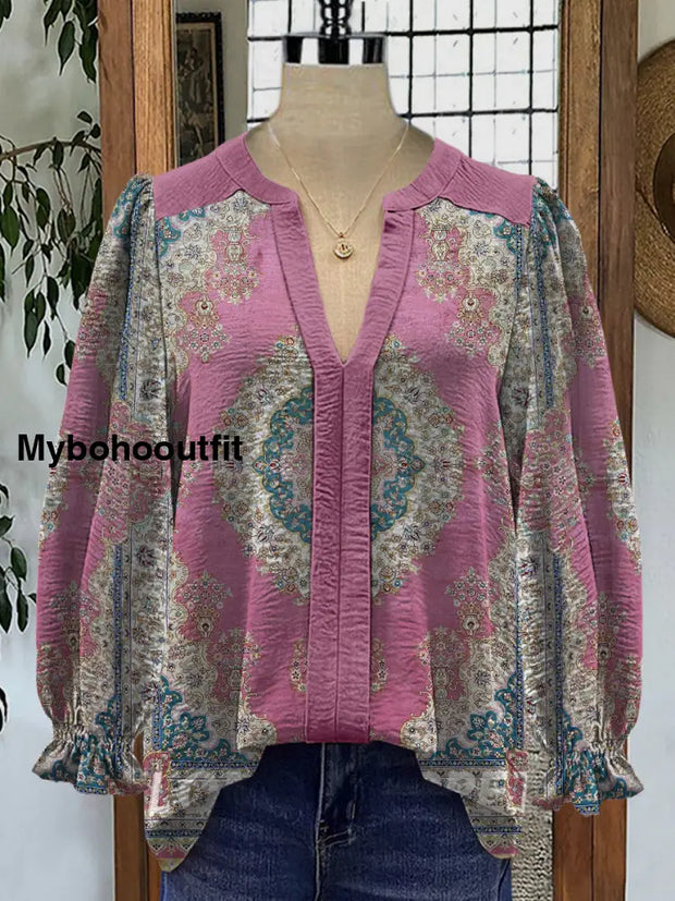 Retro Boho Floral Art Printed V-Neck Elegant Vintage Chic Bud Long Sleeve Shirt A / S