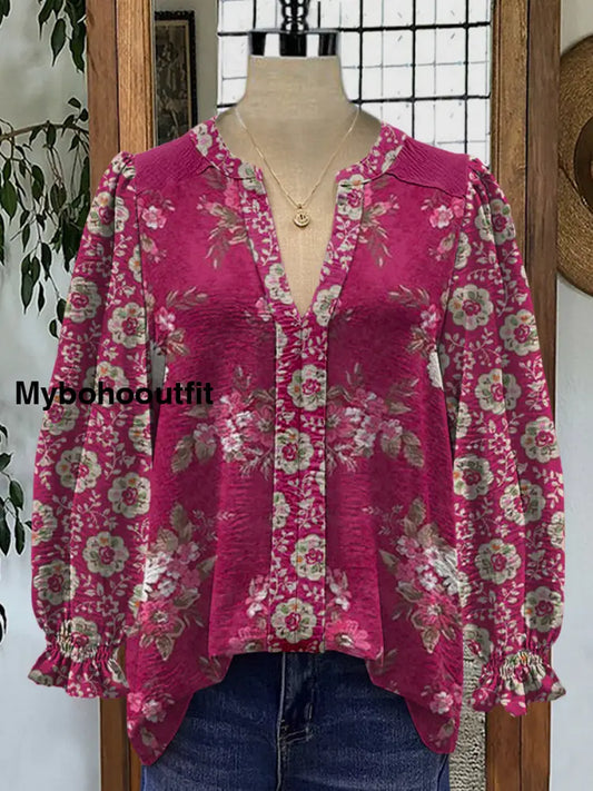 Retro Boho Floral Art Printed V-Neck Elegant Vintage Chic Bud Long Sleeve Shirt A / S