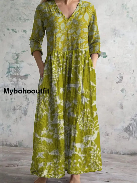Retro Boho Floral Art Printed V-Neck Vintage Casual Long Sleeve Midi Dress A / S