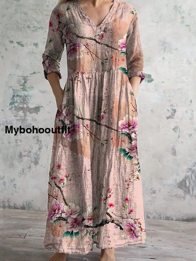 Retro Boho Floral Art Printed V-Neck Vintage Casual Long Sleeve Midi Dress A / S