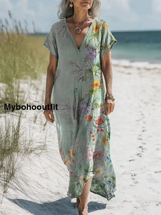 Retro Boho Floral Art Printed V-Neck Vintage Loose Long Sleeves Midi Dress A / S