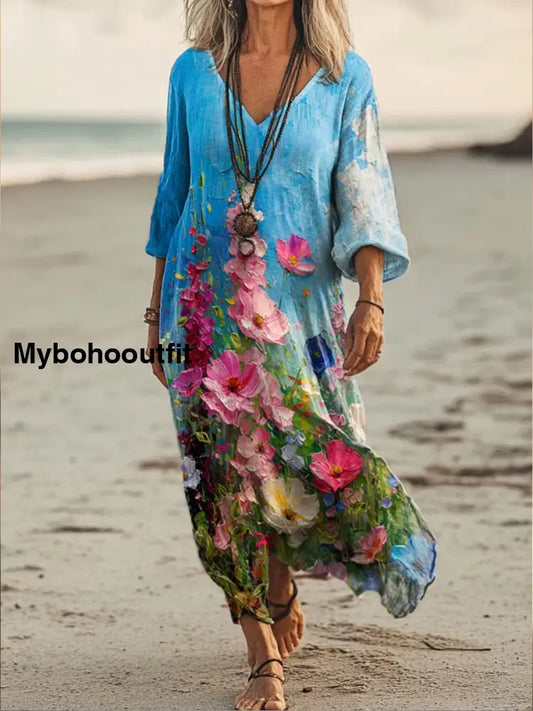Retro Boho Floral Art Printed V-Neck Vintage Loose Long Sleeves Midi Dress A / S