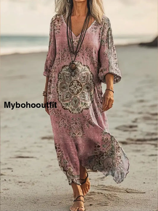 Retro Boho Floral Art Printed V-Neck Vintage Loose Long Sleeves Midi Dress A / S