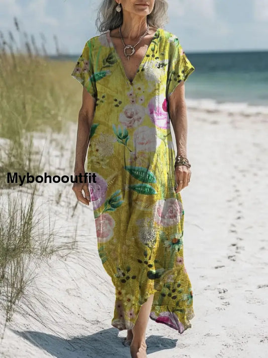 Retro Boho Floral Art Printed V-Neck Vintage Loose Long Sleeves Midi Dress A / S