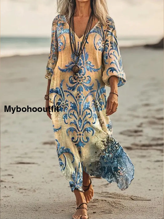 Retro Boho Floral Art Printed V-Neck Vintage Loose Long Sleeves Midi Dress A / S