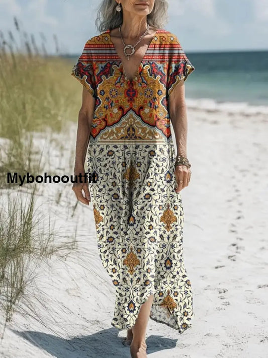 Retro Boho Floral Art Printed V-Neck Vintage Loose Long Sleeves Midi Dress A / S