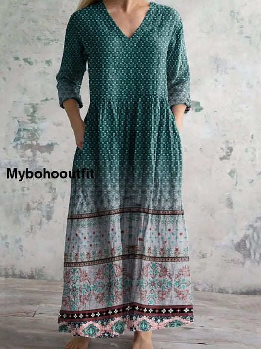 Retro Boho Floral Art Printed V-Neck Vintage Loose Long Sleeves Midi Dress A / S