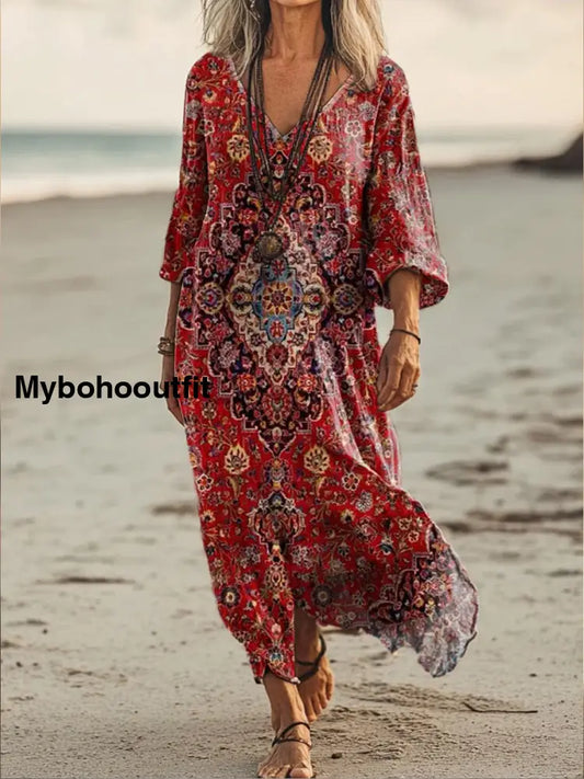 Retro Boho Floral Art Printed V-Neck Vintage Loose Long Sleeves Midi Dress A / S