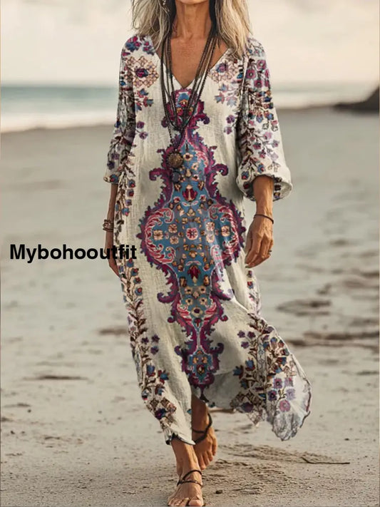 Retro Boho Floral Art Printed V-Neck Vintage Loose Long Sleeves Midi Dress A / S