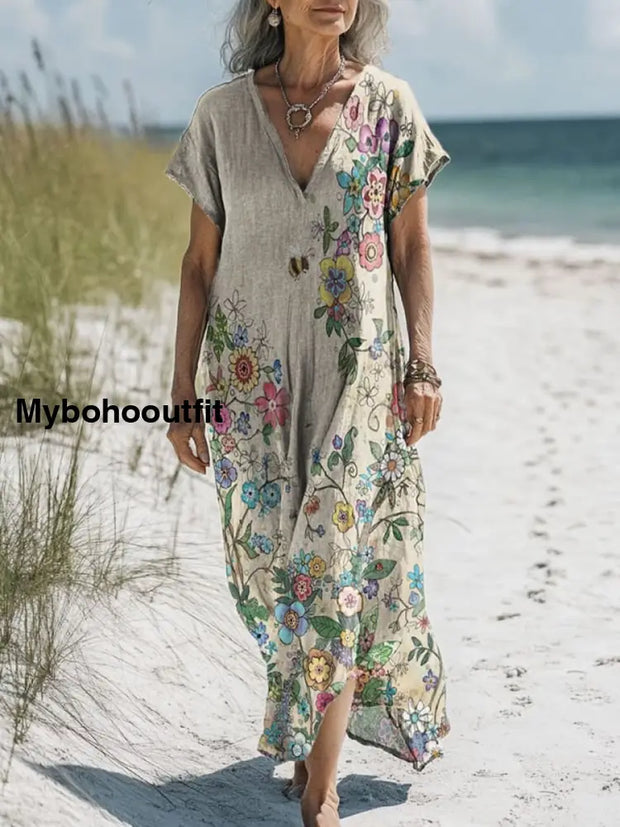 Retro Boho Floral Art Printed V-Neck Vintage Loose Long Sleeves Midi Dress A / S