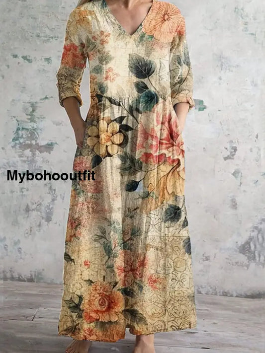 Retro Boho Floral Art Printed V-Neck Vintage Loose Long Sleeves Midi Dress A / S