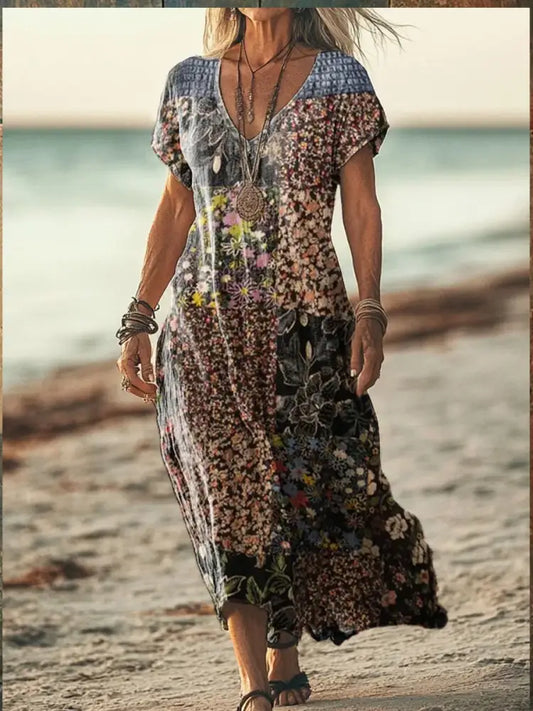 Retro Boho Floral Art Printed V-Neck Vintage Loose Short Sleeves Midi Dress A / S