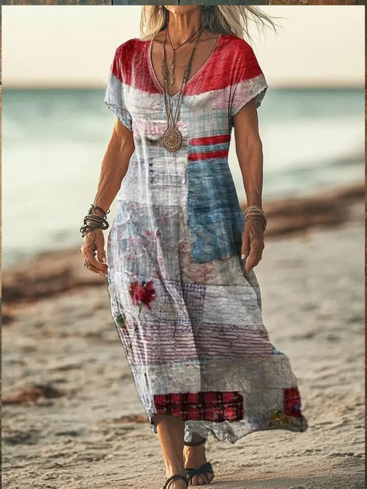 Retro Boho Floral Art Printed V-Neck Vintage Loose Short Sleeves Midi Dress A / S