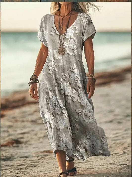 Retro Boho Floral Art Printed V-Neck Vintage Loose Short Sleeves Midi Dress A / S