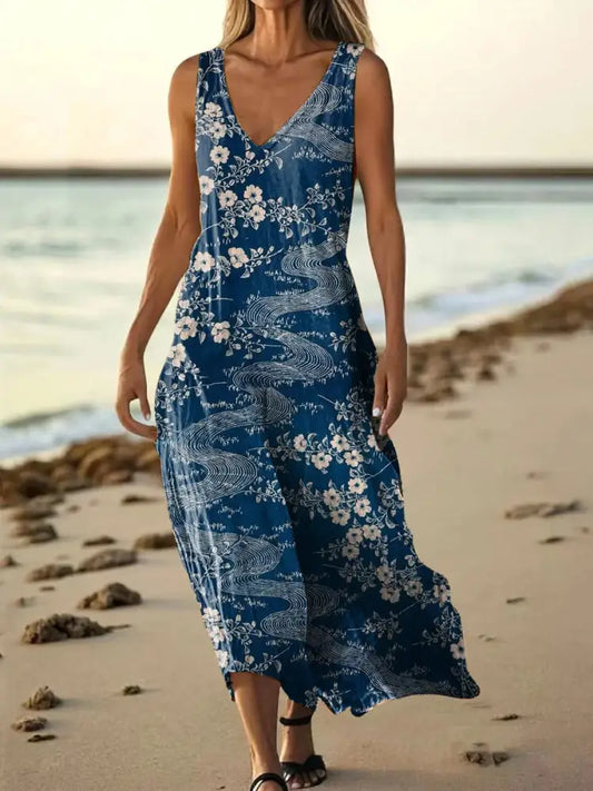 Retro Boho Floral Art Printed V-Neck Vintage Loose Short Sleeves Midi Dress A / S