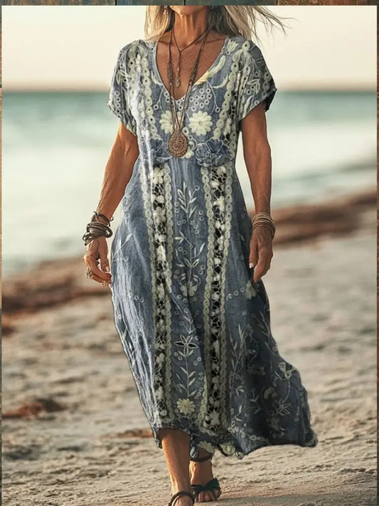 Retro Boho Floral Art Printed V-Neck Vintage Loose Short Sleeves Midi Dress A / S