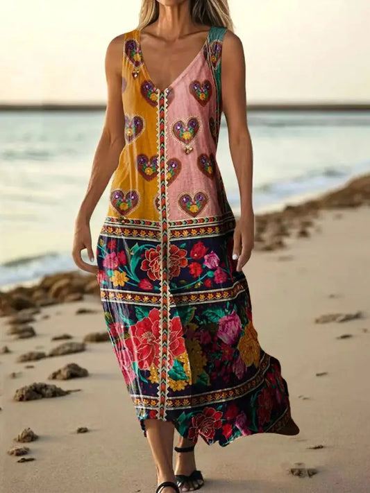 Retro Boho Floral Art Printed V-Neck Vintage Loose Short Sleeves Midi Dress A / S