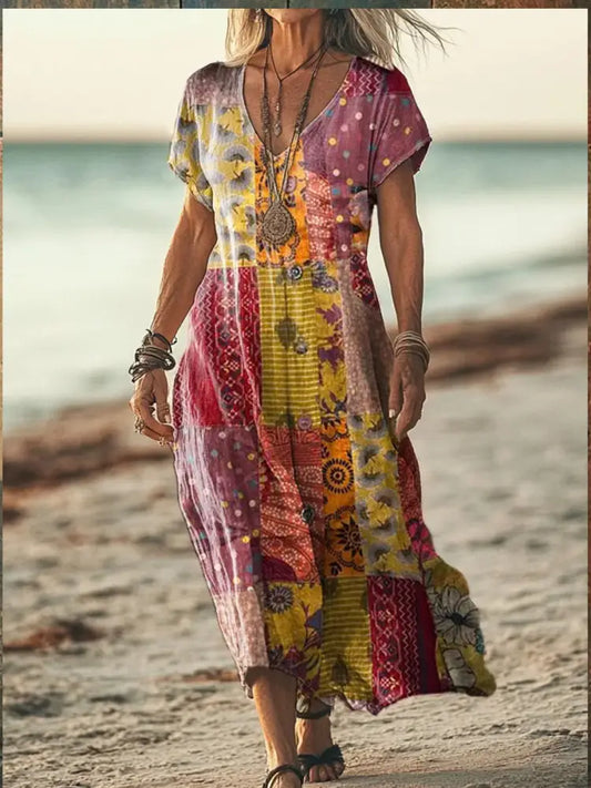 Retro Boho Floral Art Printed V-Neck Vintage Loose Short Sleeves Midi Dress A / S