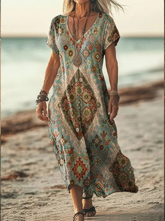 Retro Boho Floral Art Printed V-Neck Vintage Loose Short Sleeves Midi Dress A / S