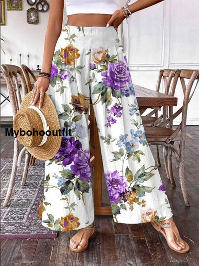 Retro Boho Floral Art Printed Vintage Chic Cotton Wide Leg Pants A / S