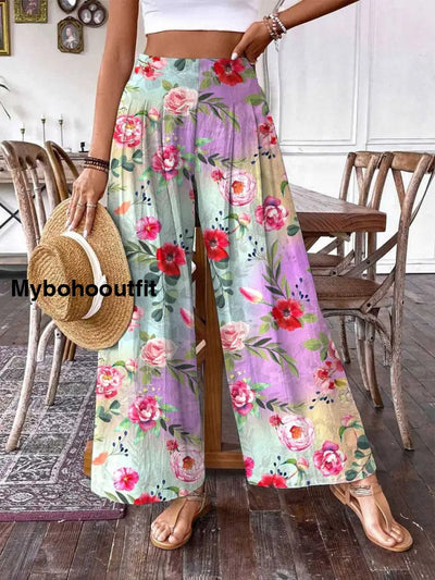 Retro Boho Floral Art Printed Vintage Chic Cotton Wide Leg Pants A / S