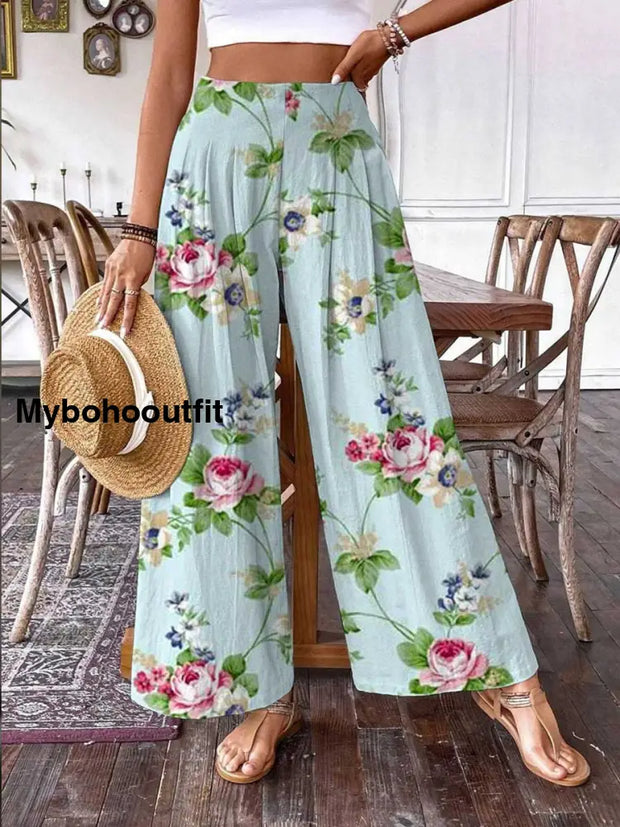 Retro Boho Floral Art Printed Vintage Chic Cotton Wide Leg Pants A / S