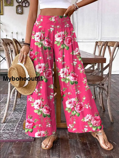 Retro Boho Floral Art Printed Vintage Chic Cotton Wide Leg Pants A / S