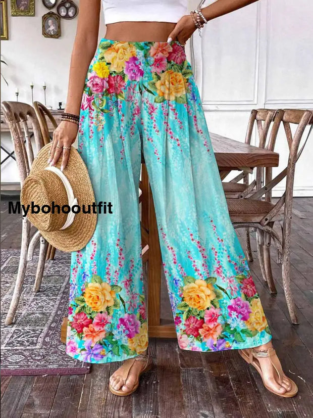 Retro Boho Floral Art Printed Vintage Chic Cotton Wide Leg Pants A / S