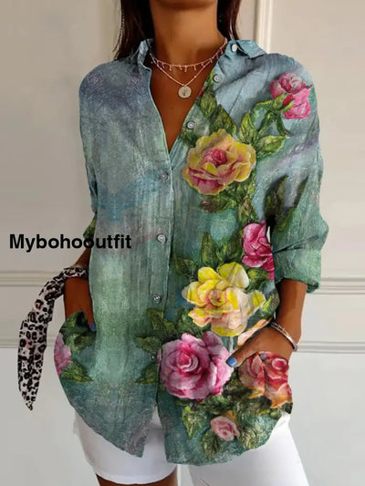 Retro Boho Floral Art Printed Vintage Chic V-Neck Button Pocket Cotton Long Sleeve Shirt A / S