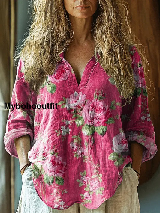 Retro Boho Floral Art Printed Vintage Chic V-Neck Button Pocket Cotton Long Sleeve Shirt A / S