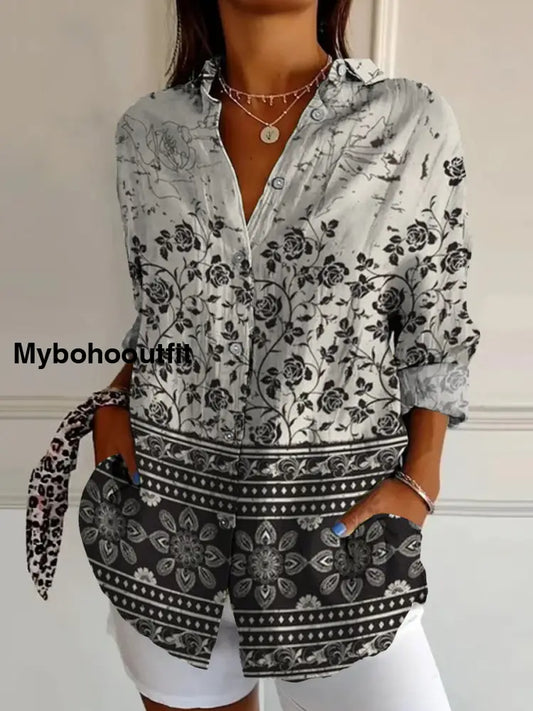 Retro Boho Floral Art Printed Vintage Chic V-Neck Button Pocket Cotton Long Sleeve Shirt A / S