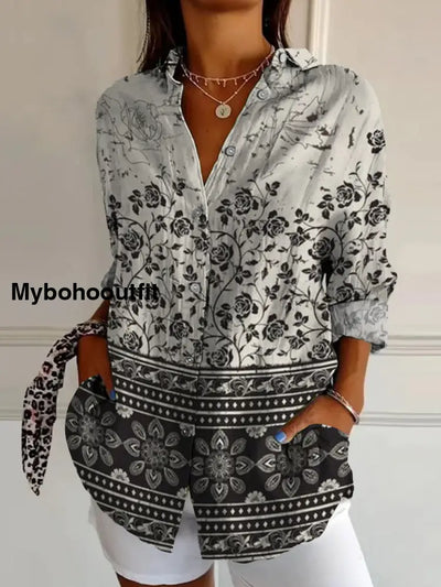 Retro Boho Floral Art Printed Vintage Chic V-Neck Button Pocket Cotton Long Sleeve Shirt A / S