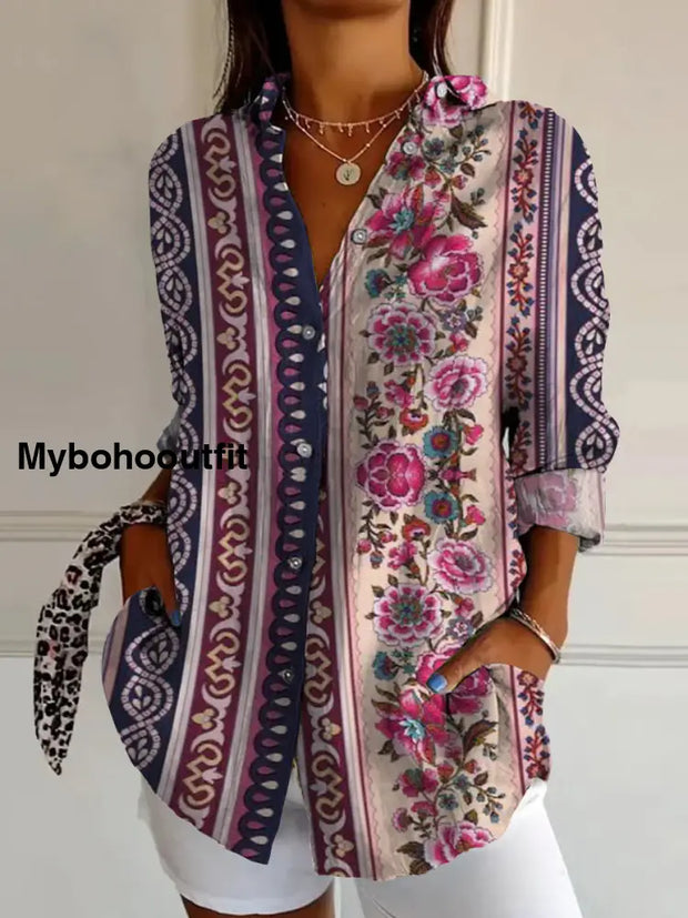 Retro Boho Floral Art Printed Vintage Chic V-Neck Button Pocket Cotton Long Sleeve Shirt A / S