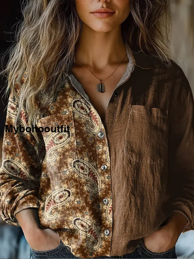 Retro Boho Floral Art Printed Vintage Chic V-Neck Button Pocket Cotton Long Sleeve Shirt A / S