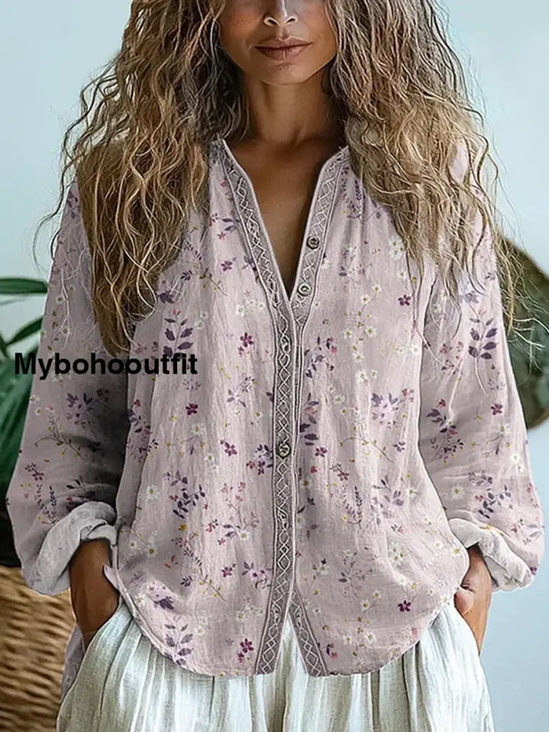 Retro Boho Floral Art Printed Vintage Chic V-Neck Button Pocket Cotton Long Sleeve Shirt A / S