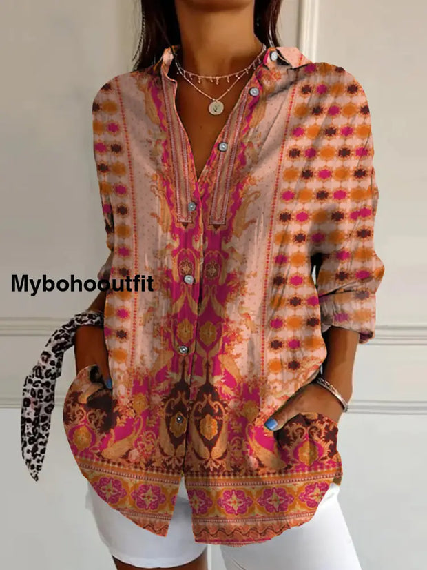 Retro Boho Floral Art Printed Vintage Chic V-Neck Button Pocket Cotton Long Sleeve Shirt A / S