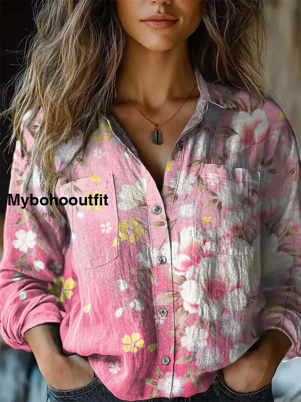 Retro Boho Floral Art Printed Vintage Chic V-Neck Button Pocket Cotton Long Sleeve Shirt A / S