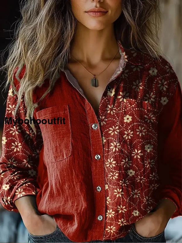 Retro Boho Floral Art Printed Vintage Chic V-Neck Button Pocket Cotton Long Sleeve Shirt A / S