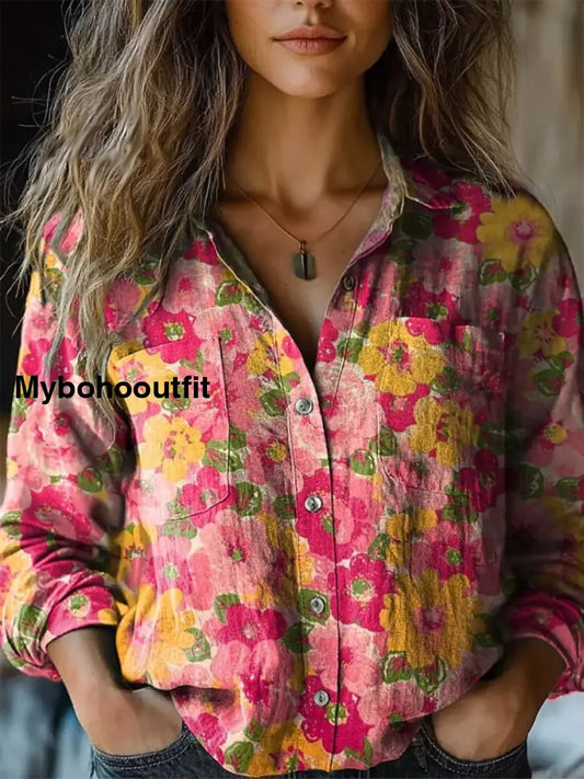 Retro Boho Floral Art Printed Vintage Chic V-Neck Button Pocket Cotton Long Sleeve Shirt A / S