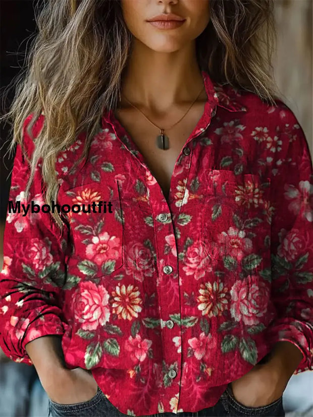 Retro Boho Floral Art Printed Vintage Chic V-Neck Button Pocket Cotton Long Sleeve Shirt A / S