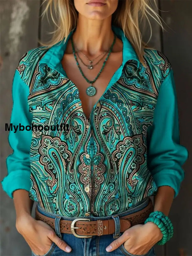 Retro Boho Floral Art Printed Vintage Chic V-Neck Button Pocket Cotton Long Sleeve Shirt A / S