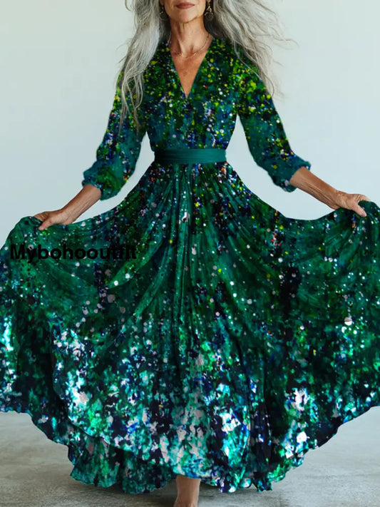 Retro Boho Floral Art Printed Vintage V-Neck Long Sleeves Midi Dress A / S