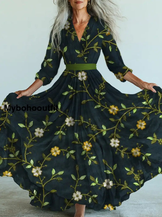 Retro Boho Floral Art Printed Vintage V-Neck Long Sleeves Midi Dress A / S