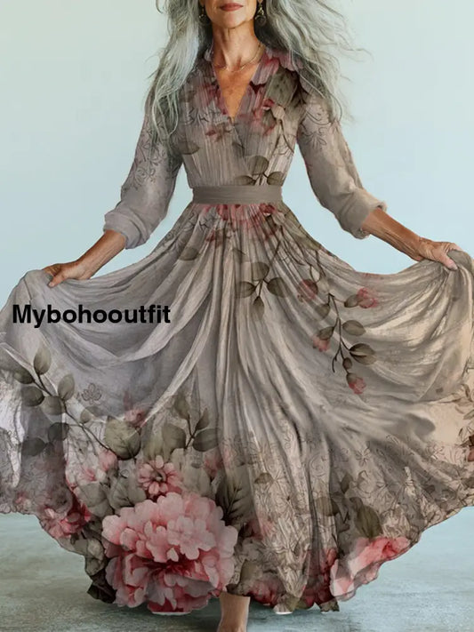Retro Boho Floral Art Printed Vintage V-Neck Long Sleeves Midi Dress A / S
