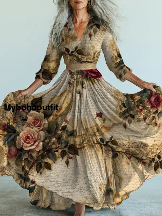Retro Boho Floral Art Printed Vintage V-Neck Long Sleeves Midi Dress A / S