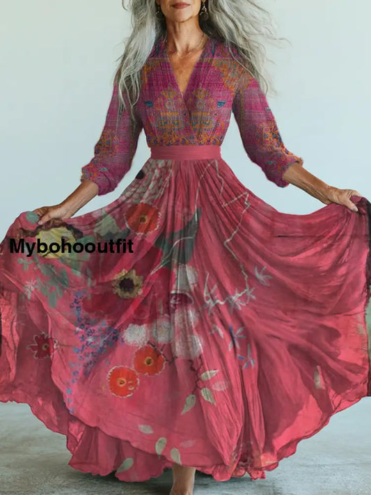 Retro Boho Floral Art Printed Vintage V-Neck Long Sleeves Midi Dress A / S