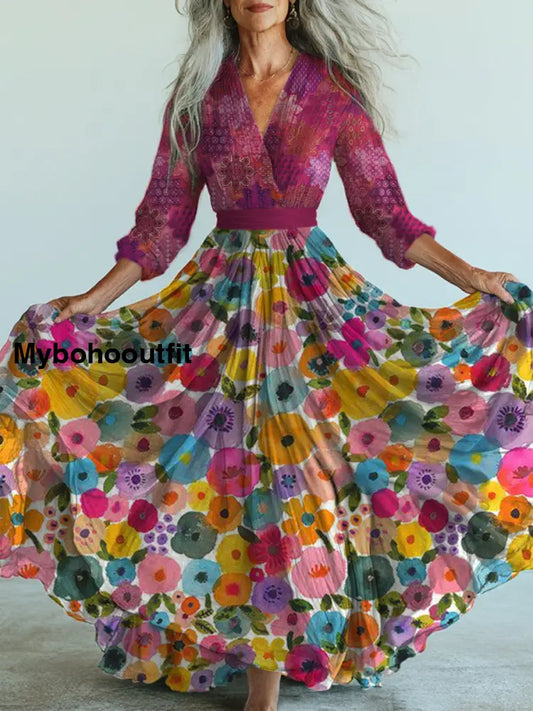 Retro Boho Floral Art Printed Vintage V-Neck Long Sleeves Midi Dress A / S