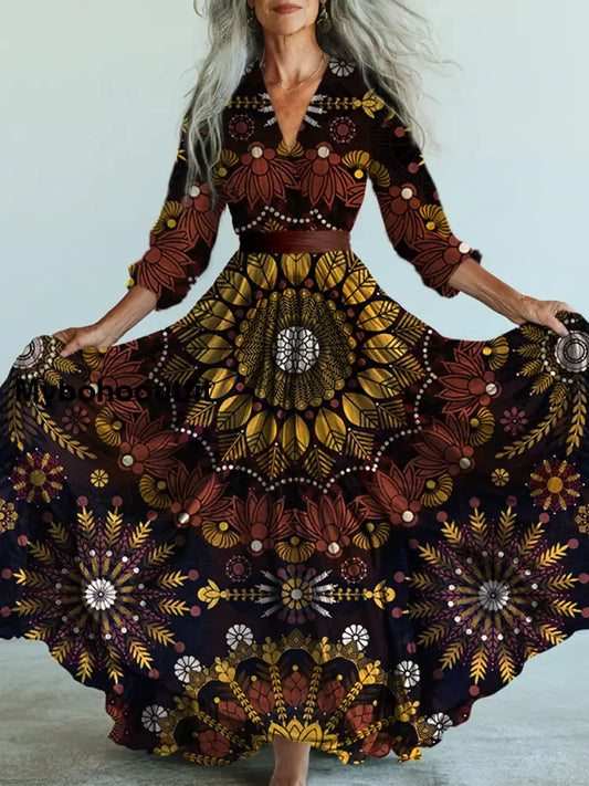 Retro Boho Floral Art Printed Vintage V-Neck Long Sleeves Midi Dress A / S
