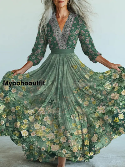 Retro Boho Floral Art Printed Vintage V-Neck Long Sleeves Midi Dress A / S