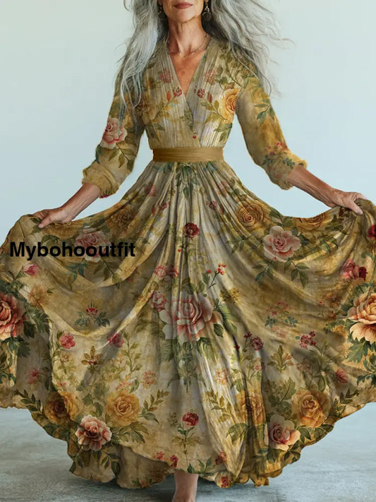 Retro Boho Floral Art Printed Vintage V-Neck Long Sleeves Midi Dress A / S